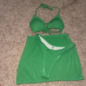 SHEIN Green Ribbed 3-Piece Bikini Set with Skirt